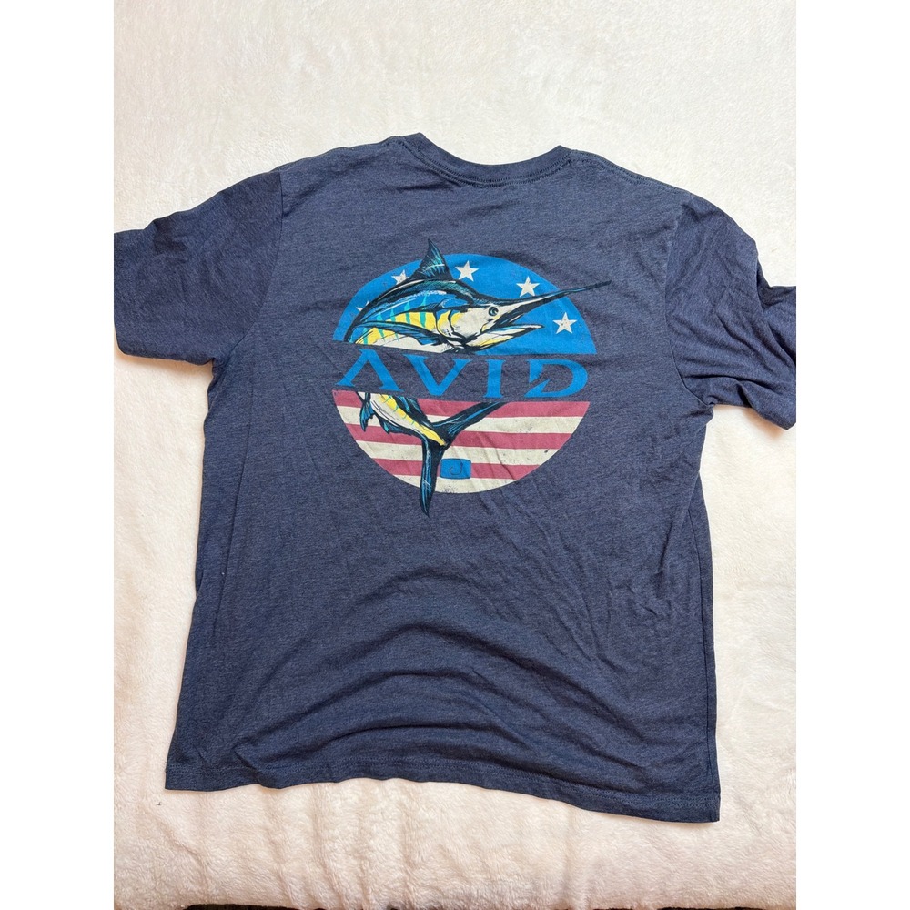 Avid Sportswear Mens XL Navy Blue Marlin Patriotic Graphic T-Shirt Fishing Tee